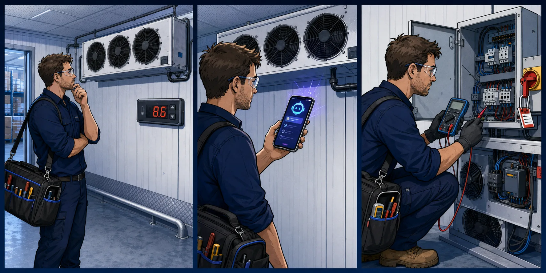 Three-panel illustration of a refrigeration technician finding stopped cold-room fans, consulting HVAC HQ and following a safe test sequence.