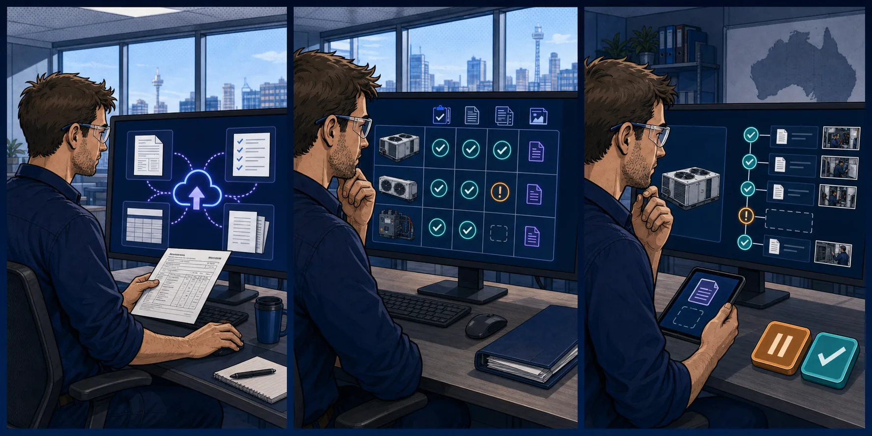 Three-panel illustration of a supervisor uploading contract documents, reviewing an evidence matrix and checking an asset-history timeline.